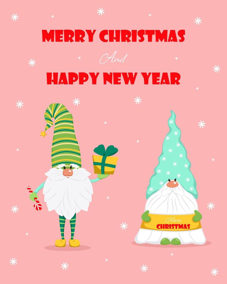 Two cute gnomes with gifts in their hands greeting card for Christmas. Vector illustration in flat style.
