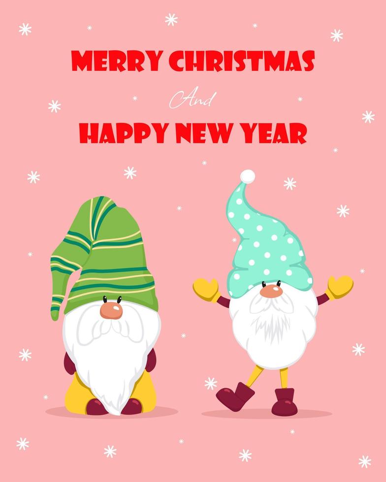 Two cute gnomes with gifts in their hands greeting card for Christmas. Vector illustration in flat style.