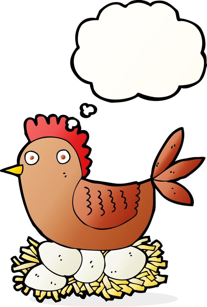 cartoon hen on eggs with thought bubble vector