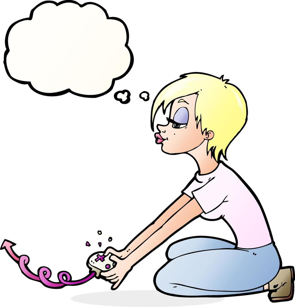 cartoon girl playing computer games with thought bubble vector