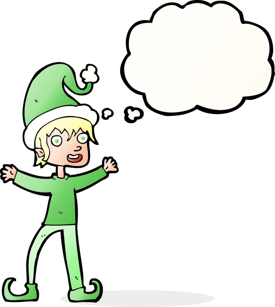 duende de navidad emocionado de dibujos animados con burbuja de pensamiento vector