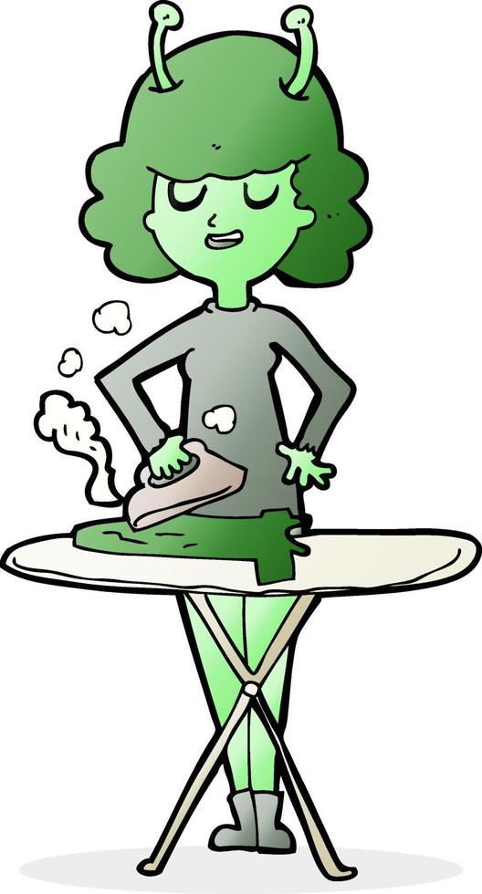 cartoon alien woman ironing vector