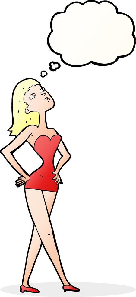 caricatura, mujer, en, vestido de fiesta, con, burbuja del pensamiento vector