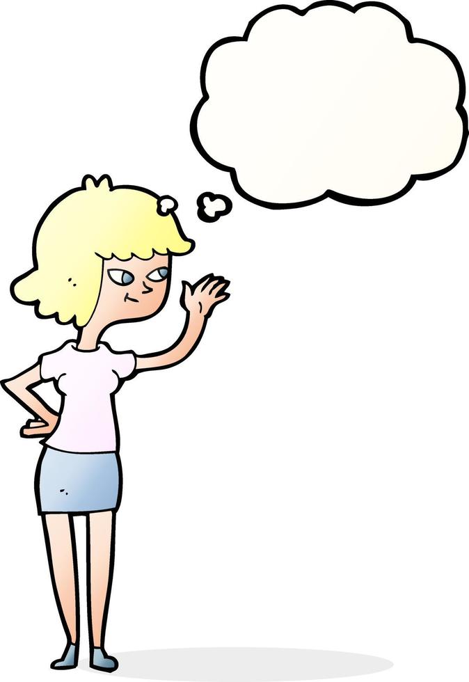 cartoon friendly girl waving with thought bubble vector