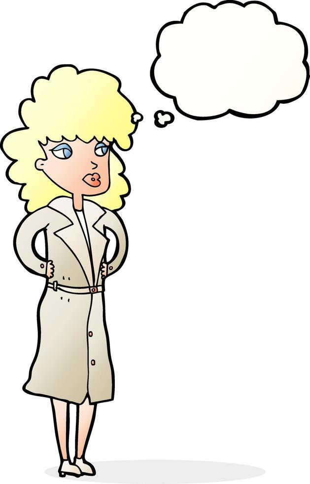 cartoon woman in trench coat with thought bubble vector