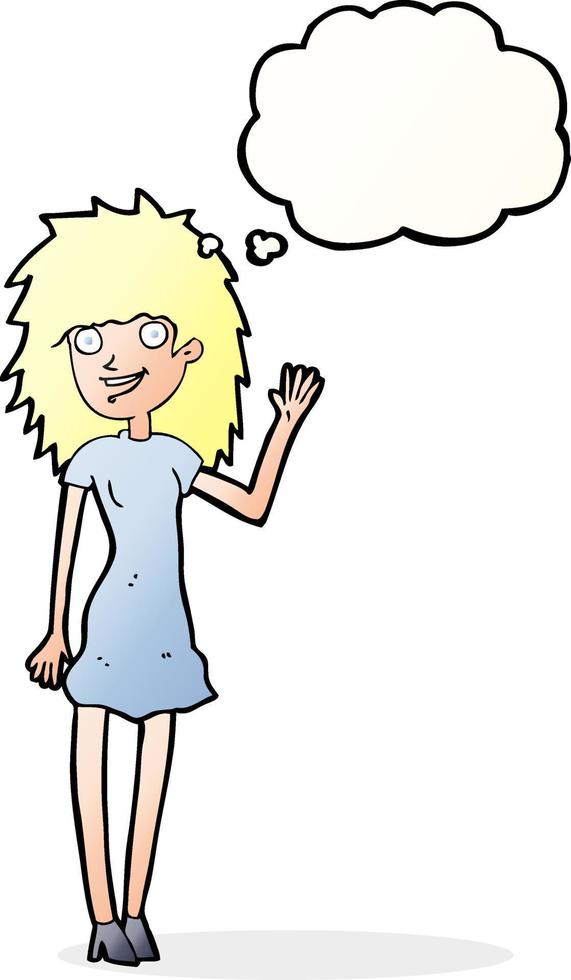 cartoon happy woman waving with thought bubble vector