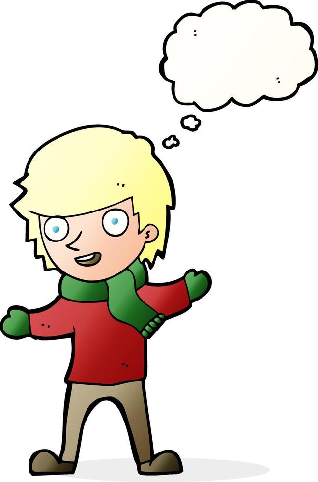 cartoon boy in winter clothes with thought bubble vector