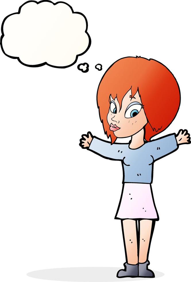 cartoon woman with open arms with thought bubble vector