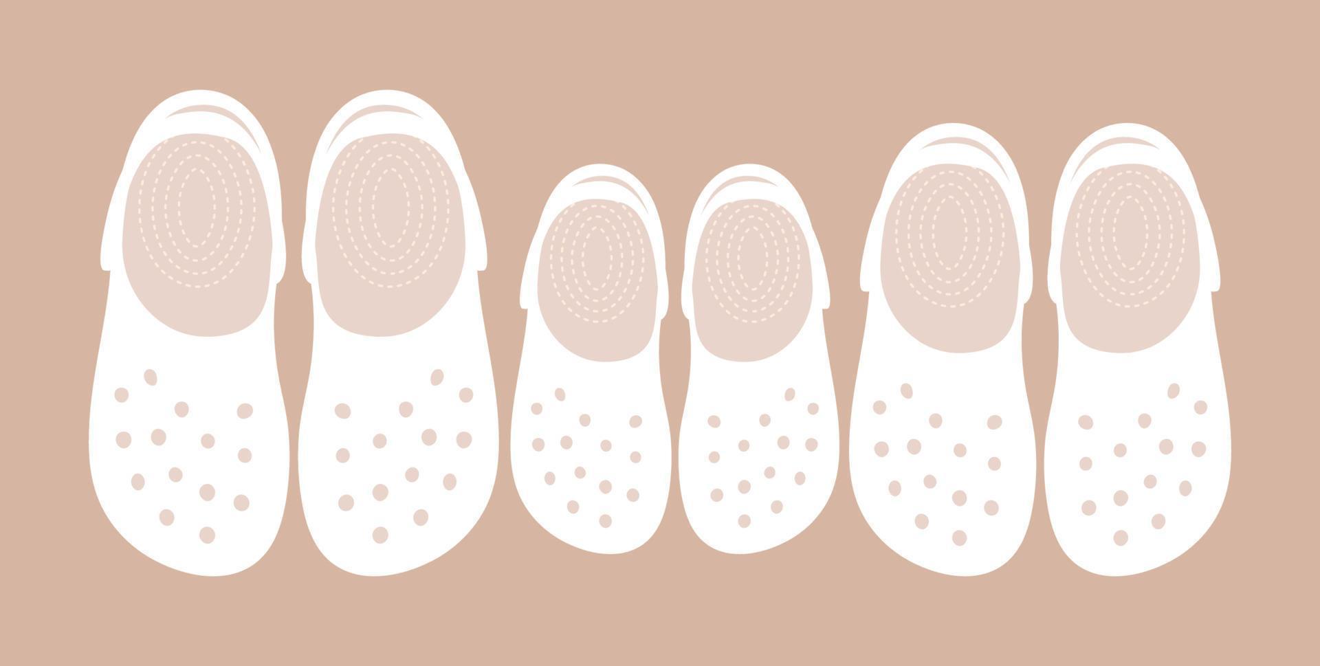 flip flop blanco aislado en el fondo. chanclas de goma con agujeros y correa. pizarras de silicona, zuecos para niños y adultos. zapatos de olas de mar de verano, sandalias. ilustración plana vectorial. tapa abatible vector