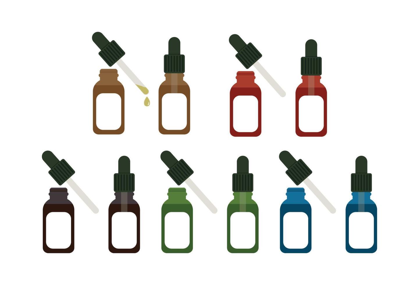 Oil or serum mockup in closed colorful bottles and in an open bottle with a pipette and a drop of liquid isolated vector illustration. Serum bottle with dispenser. Medical, cosmetic, vaping oil.