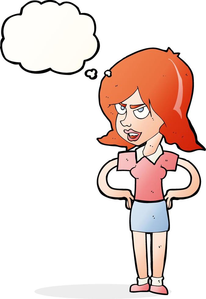 cartoon annoyed woman with hands on hips with thought bubble vector