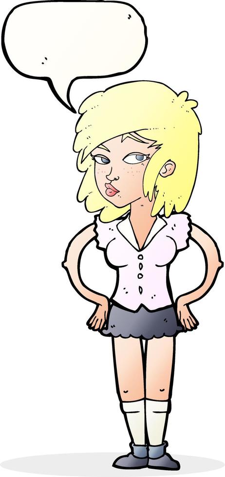 cartoon pretty woman with hands on hips with thought bubble vector