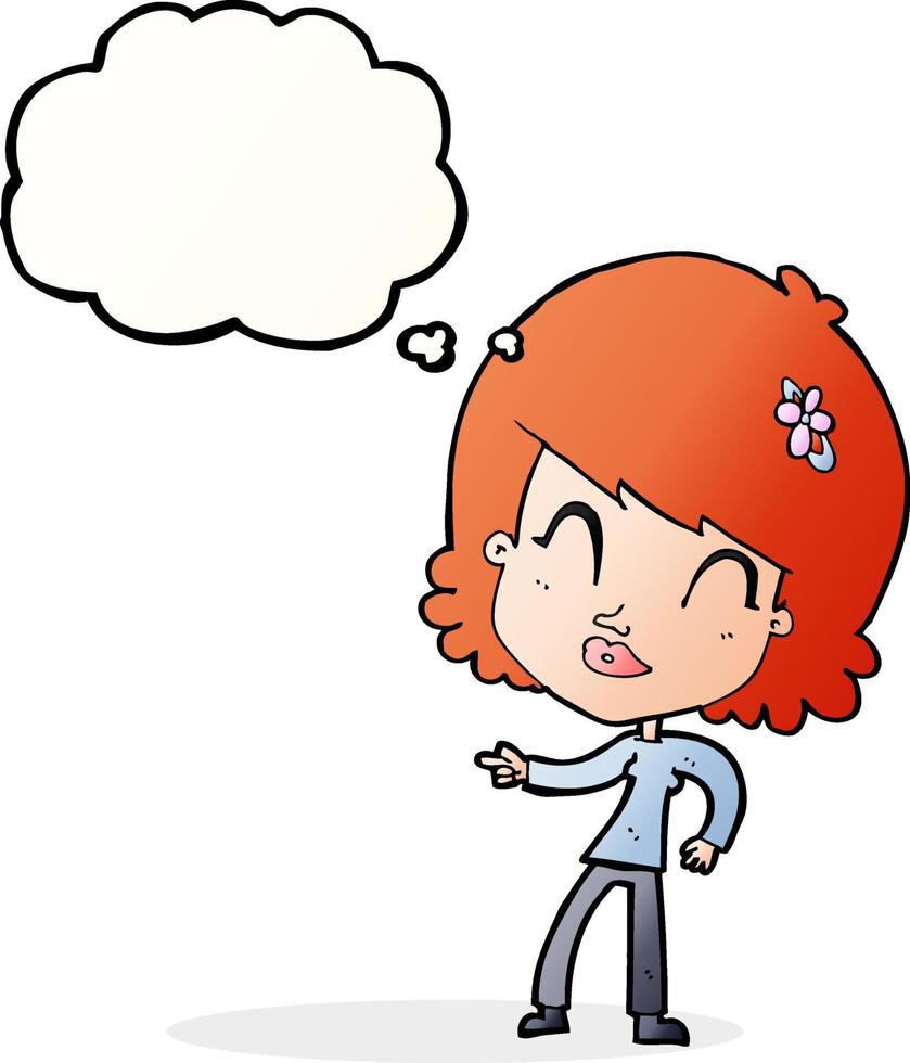 cartoon happy woman pointing with thought bubble vector