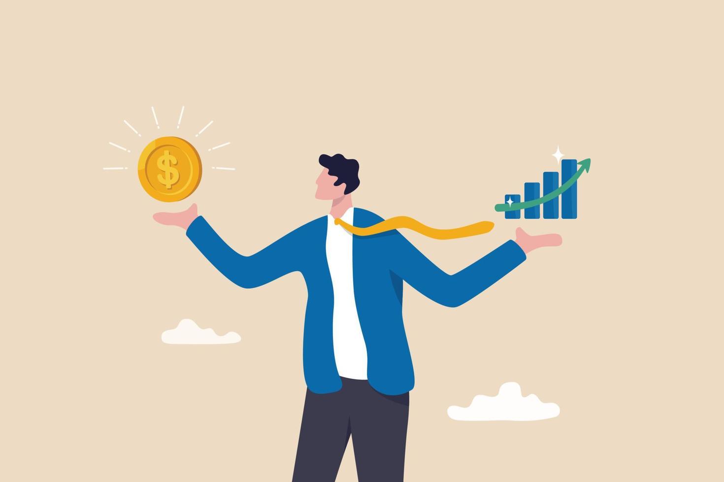 Value stock vs growth stock, comparison between investing style, professional choosing asset for earning or profit in market concept, businessman compare between value and growth stock in his hand. vector