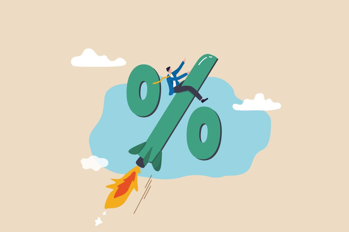 Interest rate rising up, Federal reserve or central bank raising policy, inflation or monetary percentage concept, businessman riding percentage with rocket booster metaphor of interest rate hike. vector