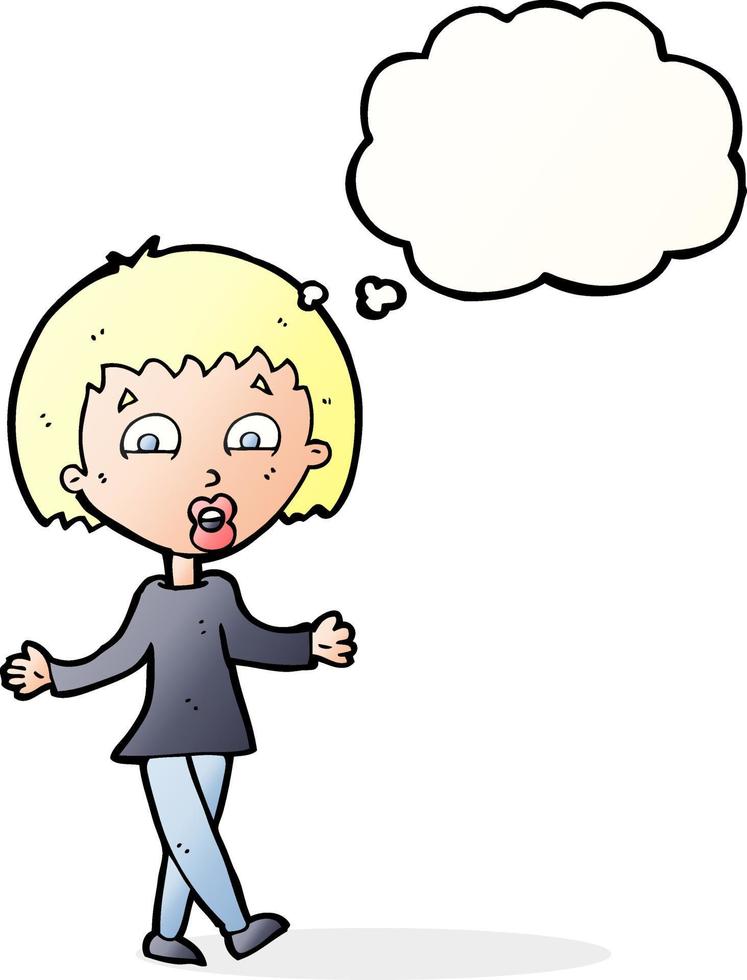 cartoon woman shrugging shoulders with thought bubble vector
