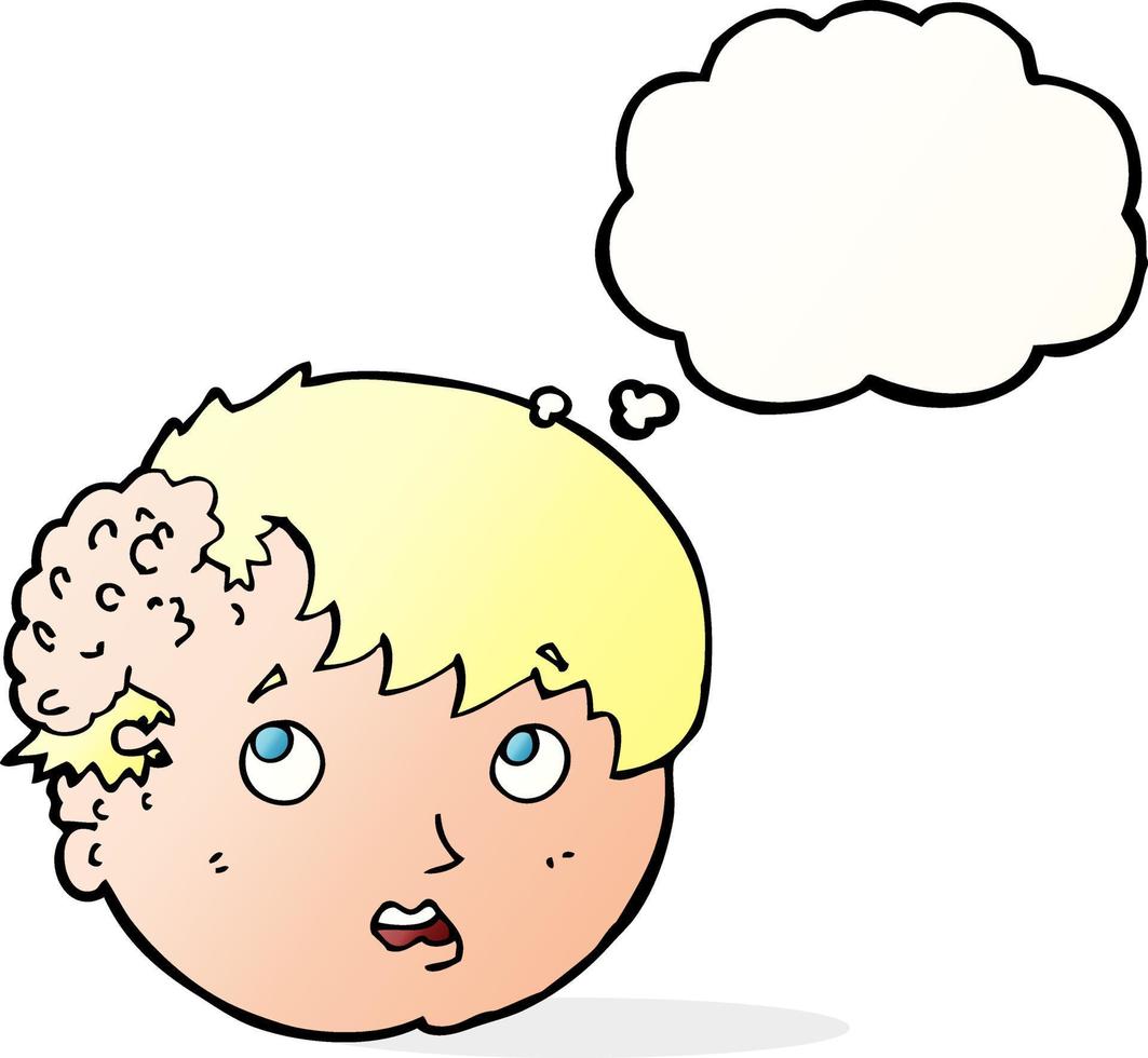 cartoon boy with ugly growth on head with thought bubble vector