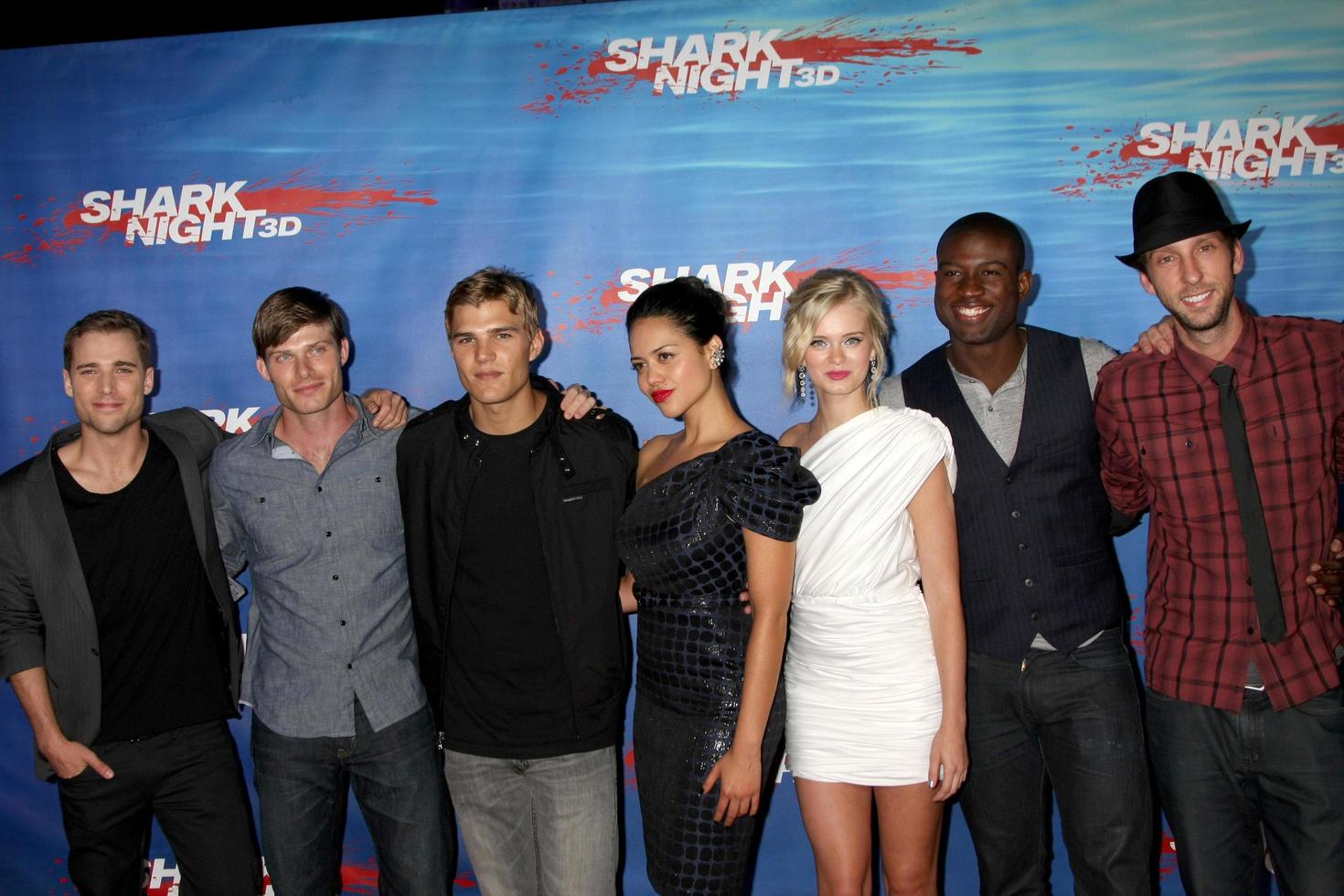 LOS ANGELES, SEP 1 - Dustin Milligan, Chris Carmack, Chris Zylka, Alyssa Diaz, Sara Paxton, Sinqua Walls and Joel David Moore arriving at the Shark Night Screening at the Universal CityWalk on September 1, 2011 in Los Angeles, CA photo
