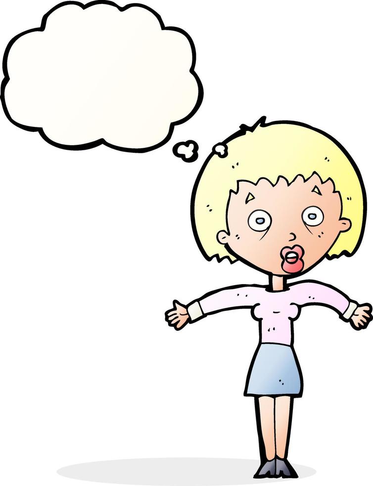 cartoon woman shrugging shoulders with thought bubble vector