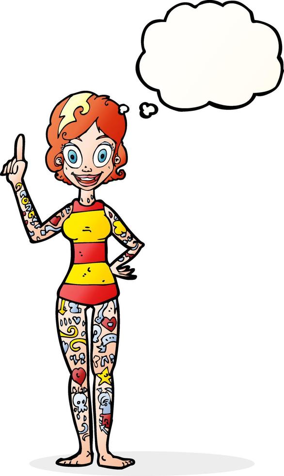 cartoon woman covered in tattoos with thought bubble vector