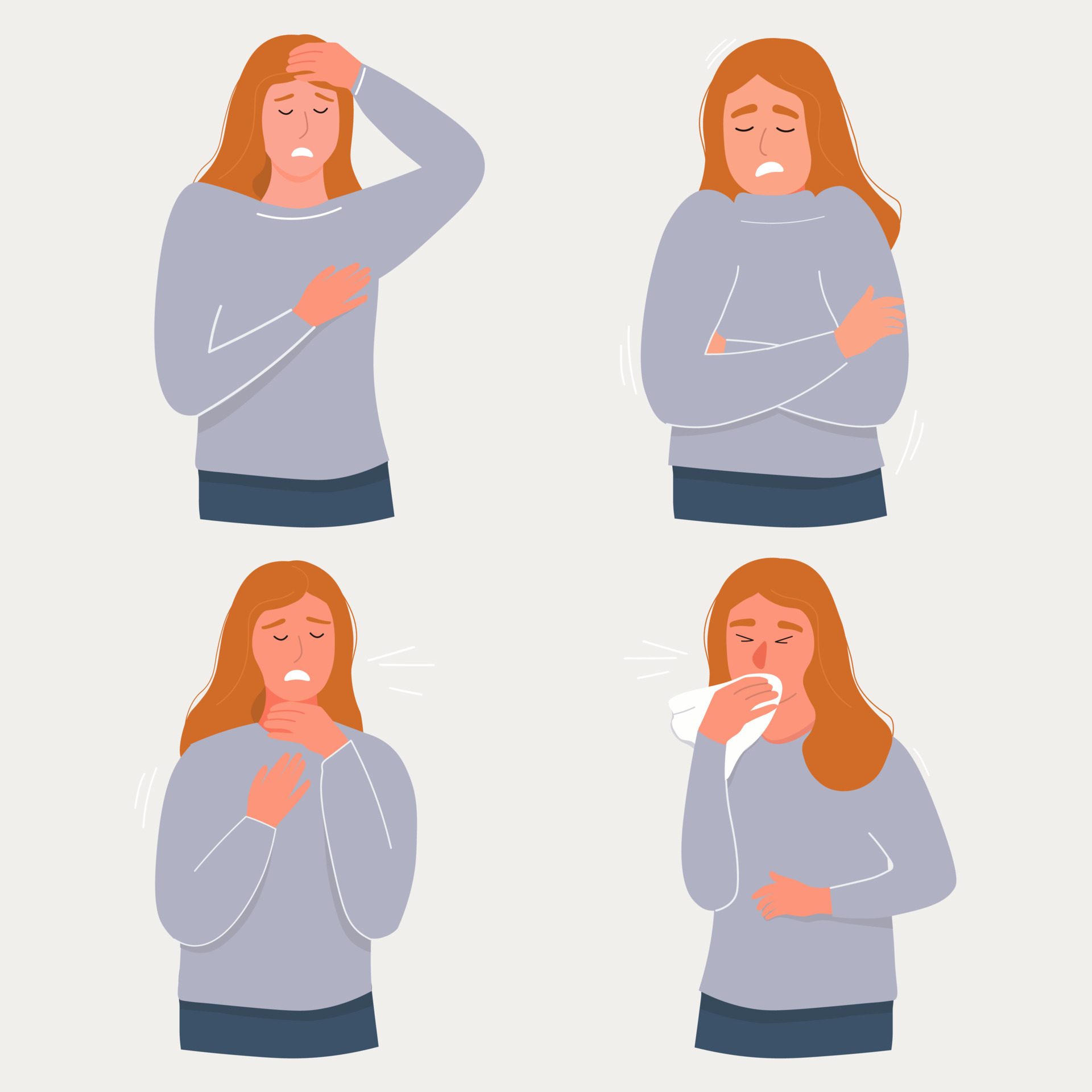 A set of sick people. Women have colds, runny nose, cough, poor health