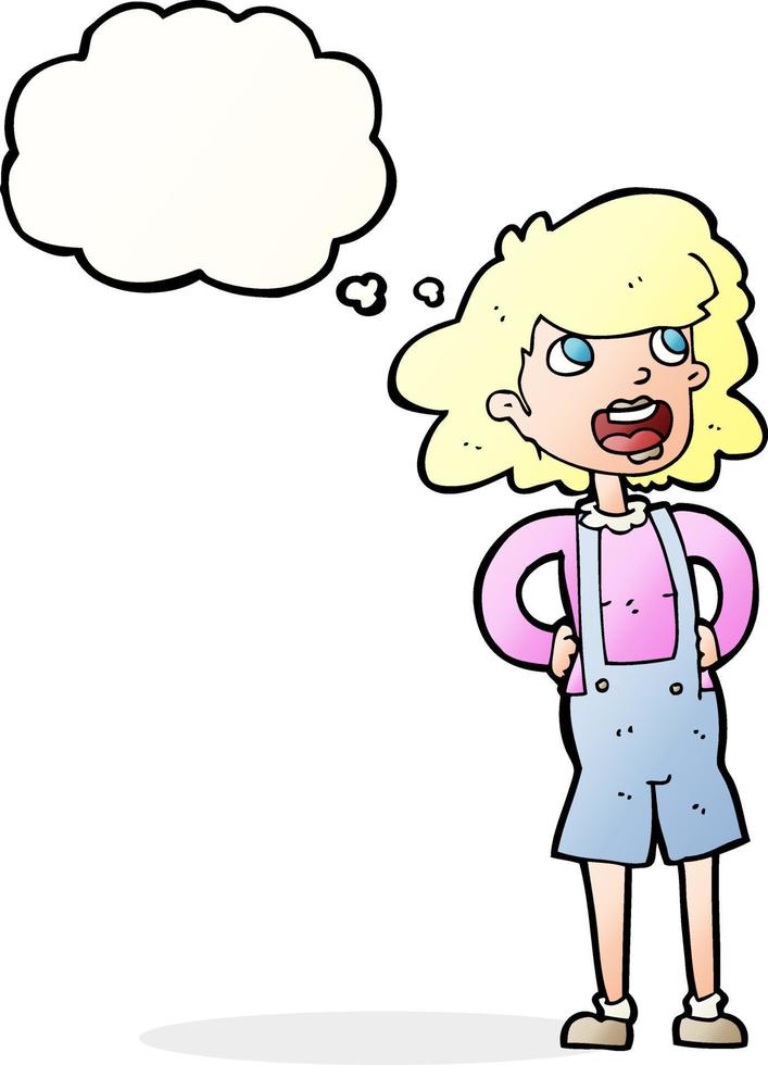 cartoon woman in dungarees with thought bubble vector