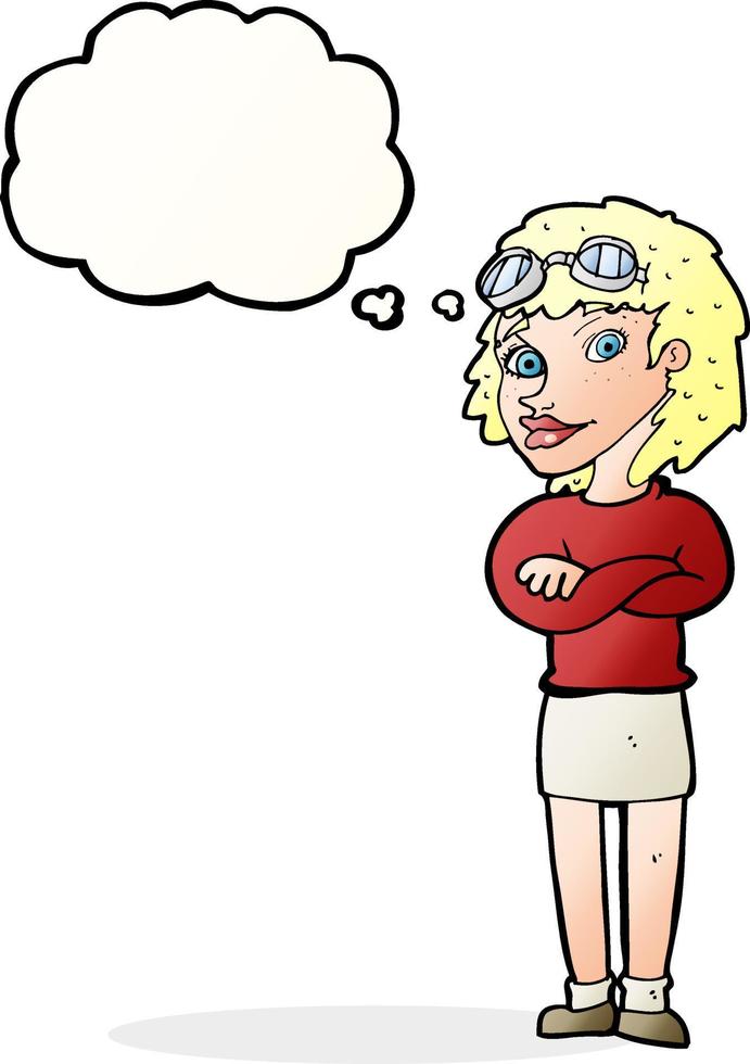 cartoon woman with crossed arms and safety goggles with thought bubble vector