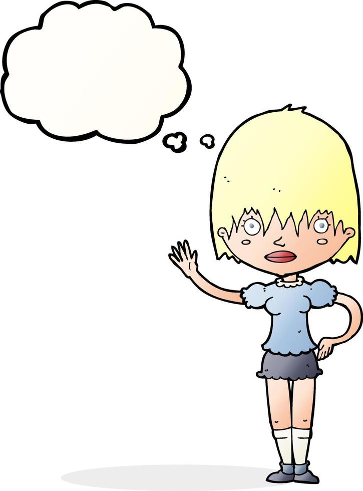 cartoon waving woman with thought bubble vector