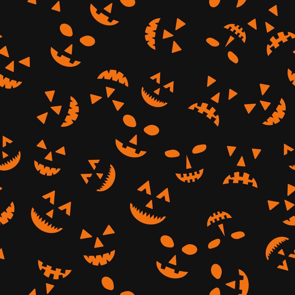 Halloween seamless pattern with scary pumpkin faces on black background. Easy to edit vector template for greeting card, banner, poster, party invitation, fabric, textile, wrapping paper, etc.