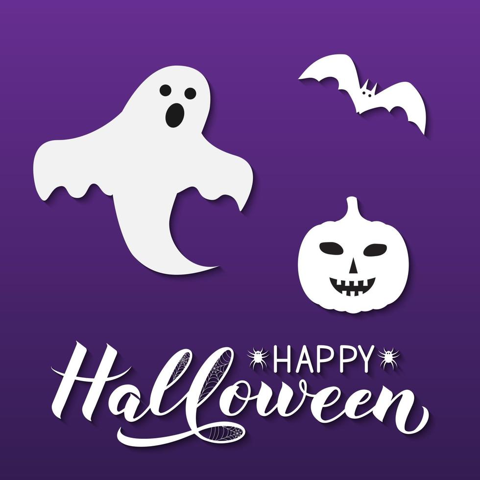 Happy Halloween calligraphy hand lettering with silhouette of pumpkin, bat, ghost and spiders. Easy to edit vector template for greeting card, banner, typography poster, party invitation, etc.