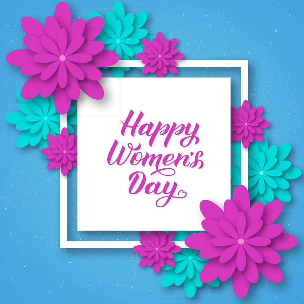 Happy Womens Day calligraphy lettering with origami flowers. Paper cut style vector illustration. Floral international womens day  banner, poster, party invitations, greeting cards, e