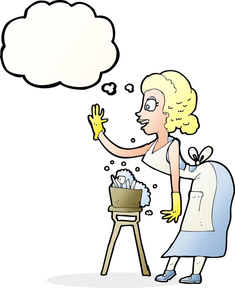 cartoon housewife washing up with thought bubble vector