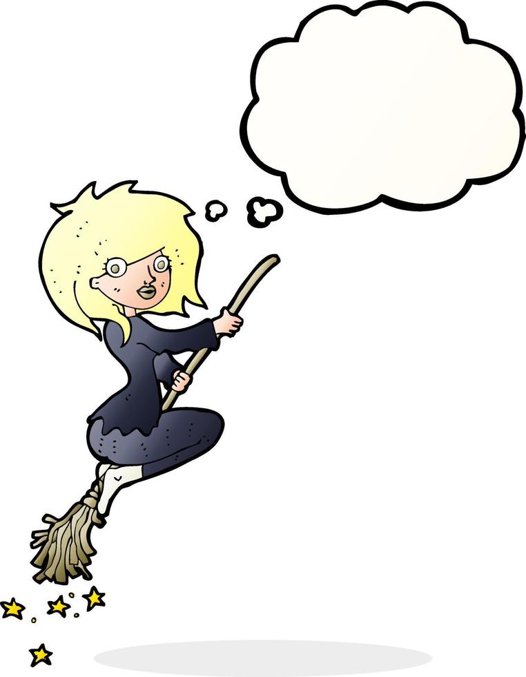 cartoon witch riding broomstick with thought bubble vector
