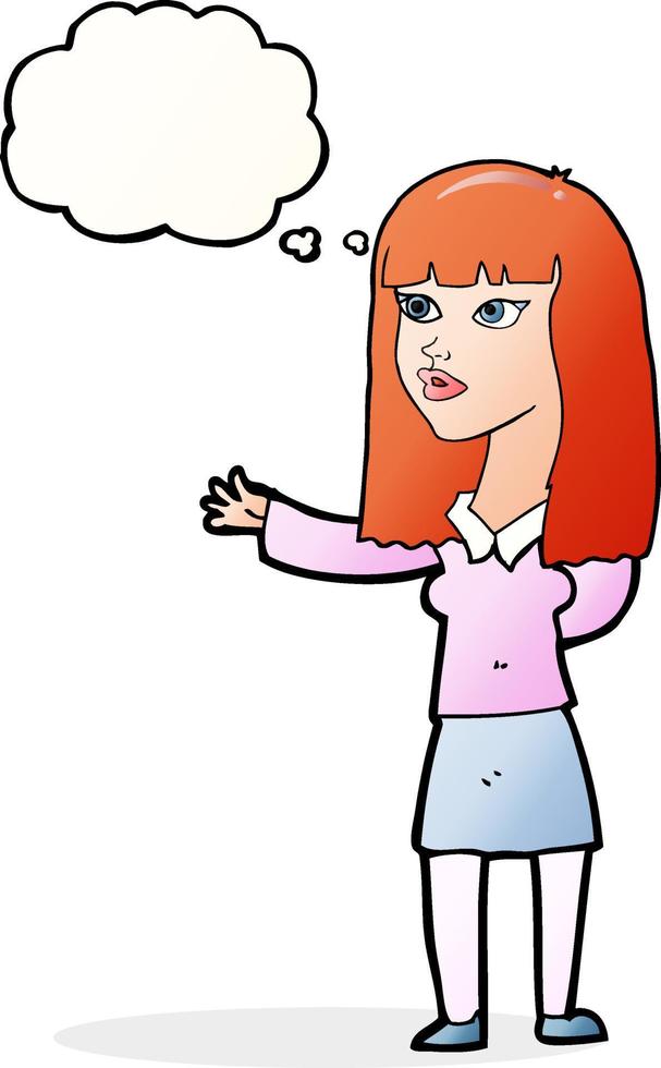 cartoon woman gesturing to show something with thought bubble vector