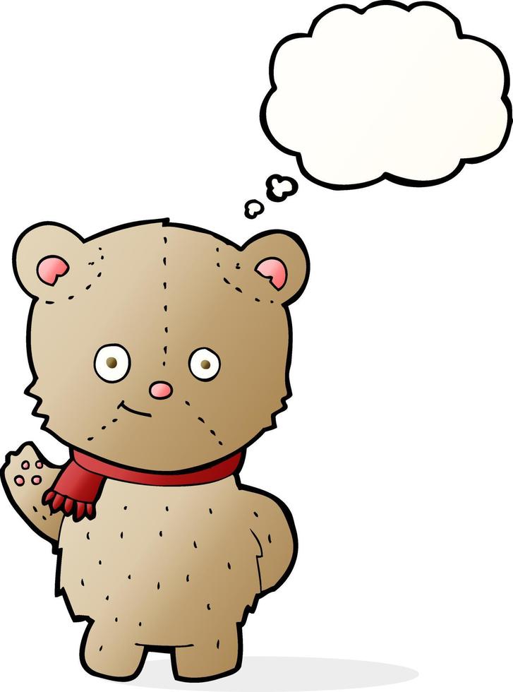 cartoon waving teddy bear with thought bubble vector