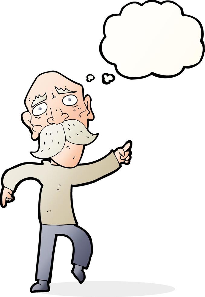 cartoon sad old man pointing with thought bubble vector