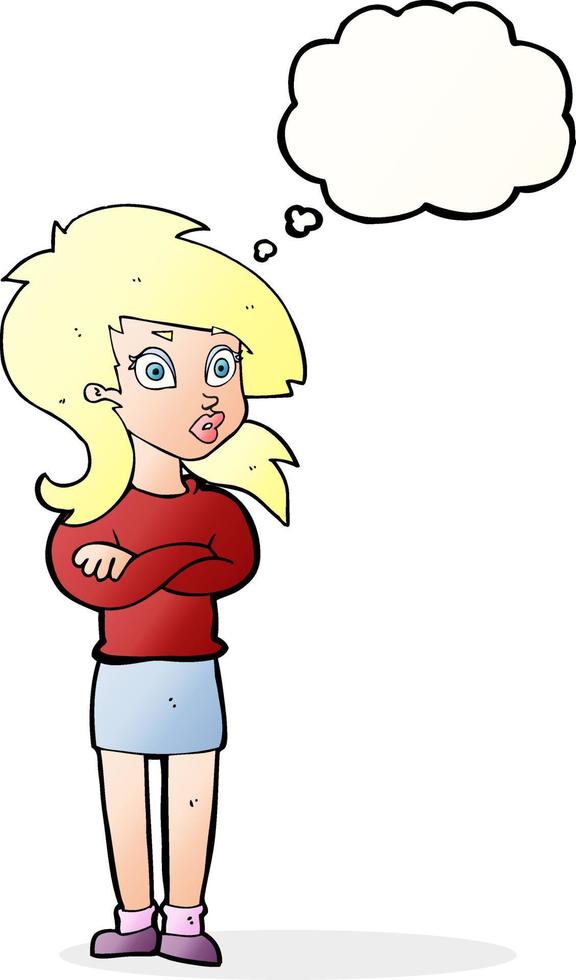 cartoon woman with folded arms with thought bubble vector