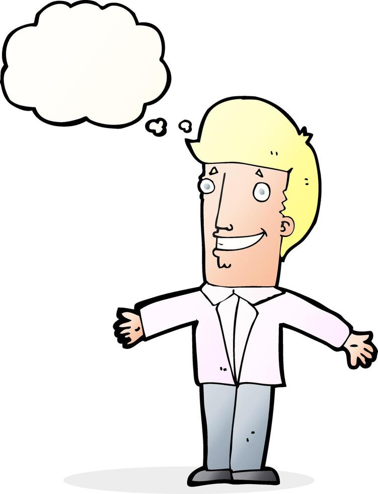 cartoon grining man with open arms with thought bubble vector