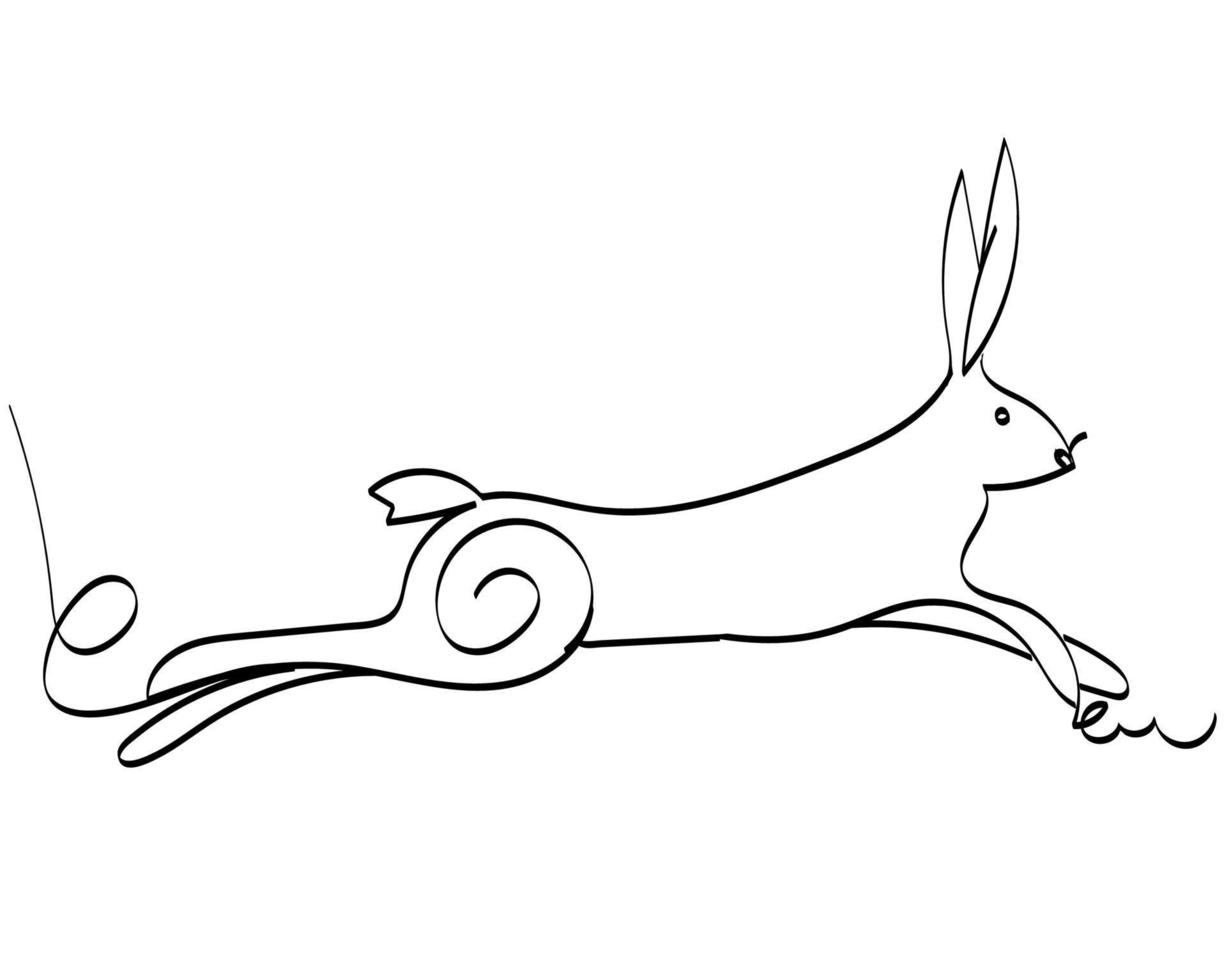 Isolated element on white background. Stylized hare. Vector. Single line drawing. Black and white image. Jumping, running rabbit. Suitable for posters, stickers and postcards vector