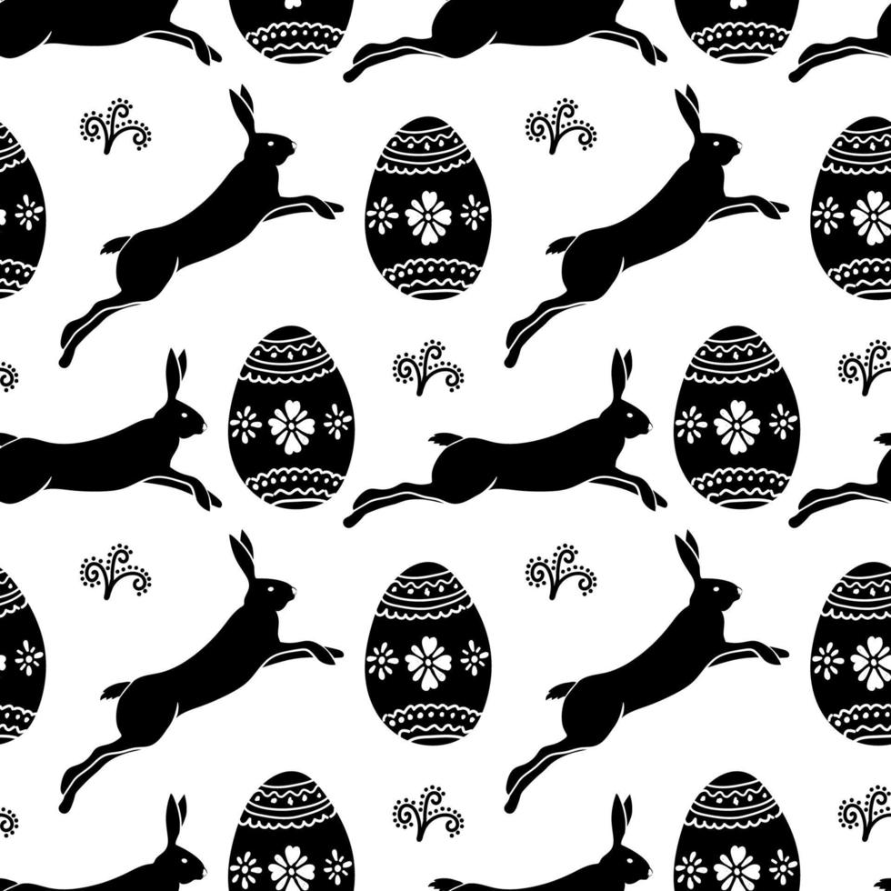 Seamless hand-drawn pattern of a running bunny and an Easter egg. Silhouette of a rabbit. Easter. Spring. Animal jumping. Egg with pattern. Vector simple illustration