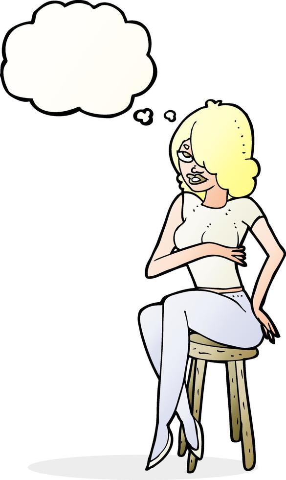 cartoon woman sitting on bar stool with thought bubble vector
