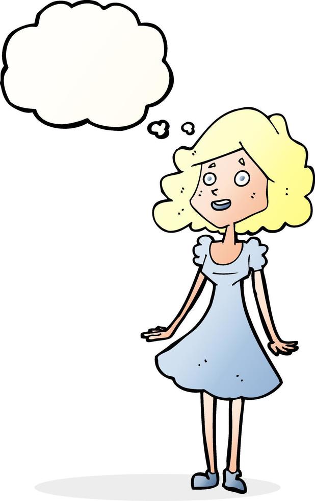 cartoon happy woman in dress with thought bubble vector