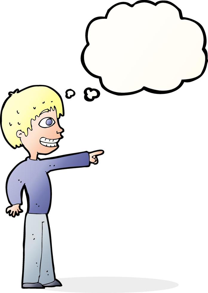 cartoon grinning boy pointing with thought bubble vector