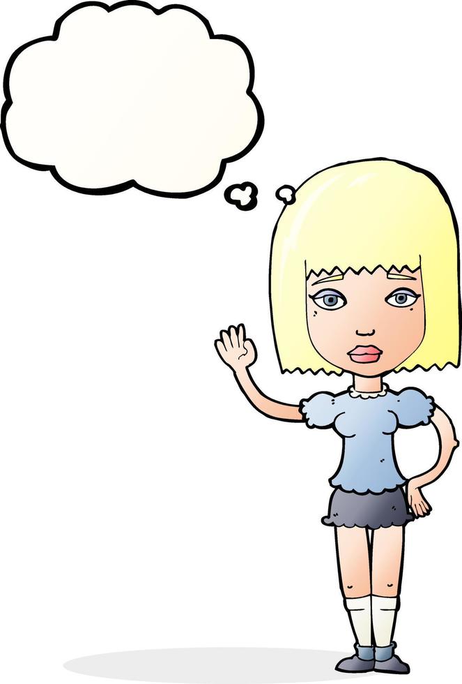 cartoon woman waving with thought bubble vector