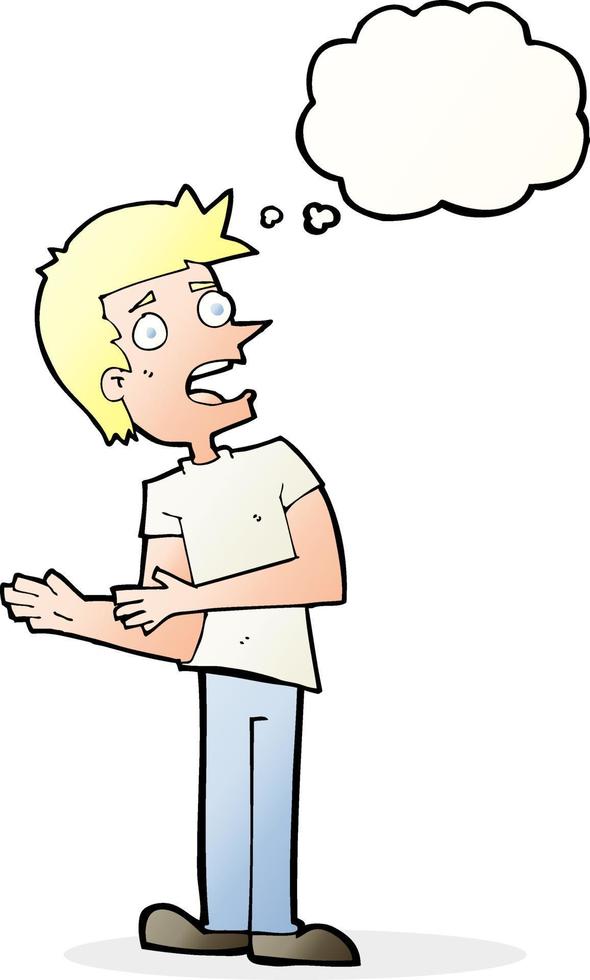 cartoon man making excuses with thought bubble vector