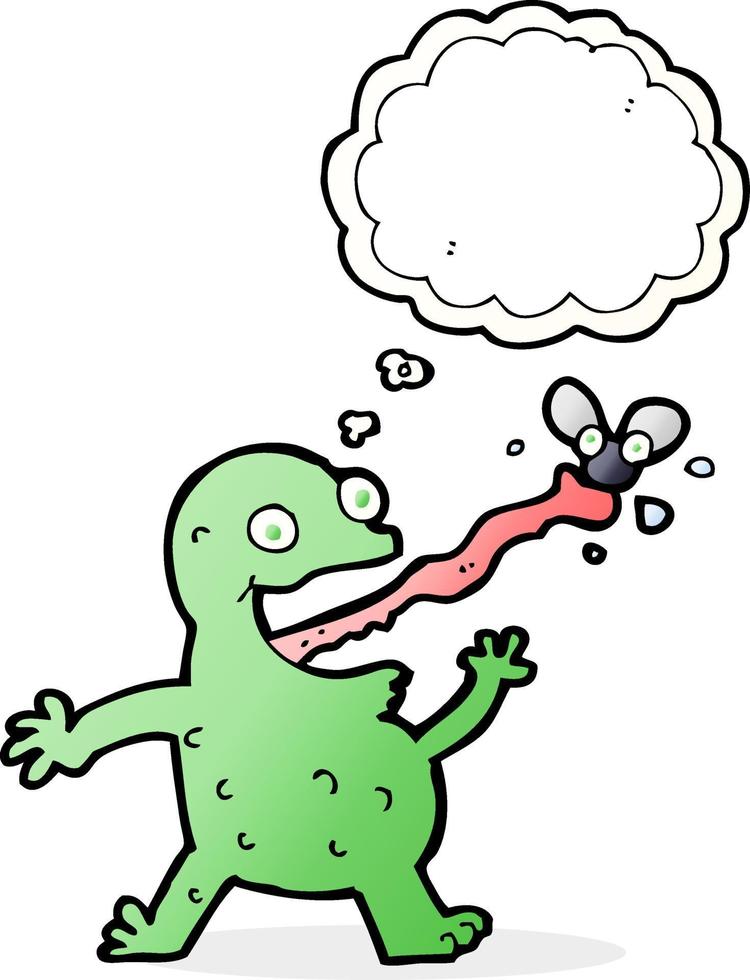 cartoon frog catching fly with thought bubble vector