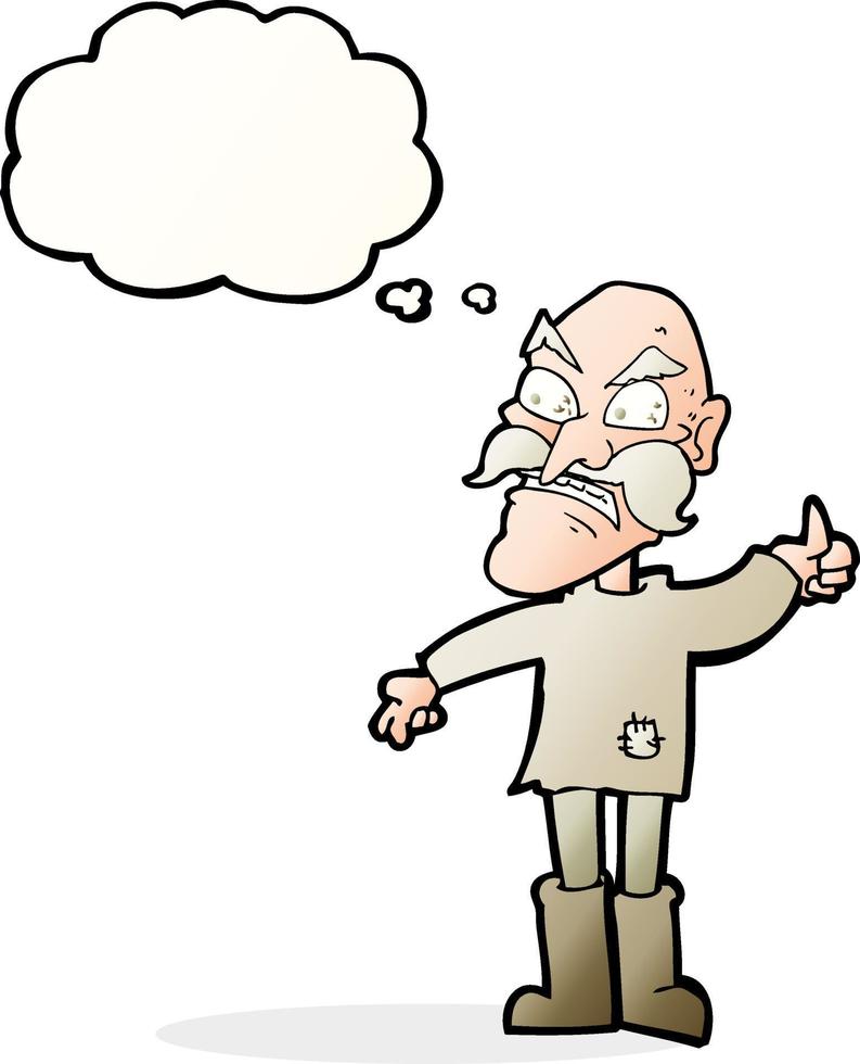 cartoon angry old man in patched clothing with thought bubble vector