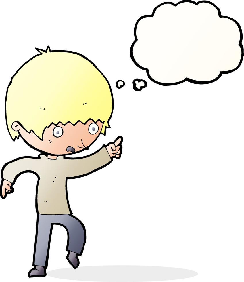 cartoon worried boy pointing with thought bubble vector