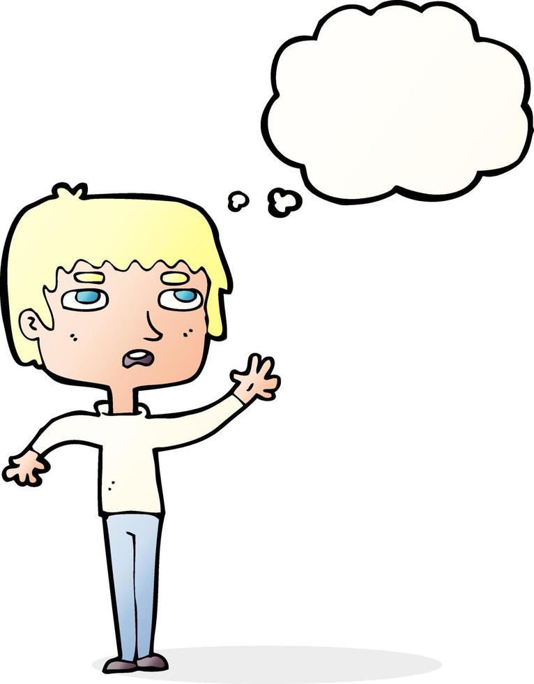 cartoon unhappy boy waving with thought bubble vector