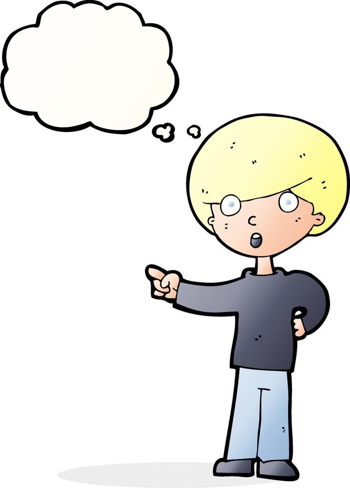 cartoon pointing boy with thought bubble vector